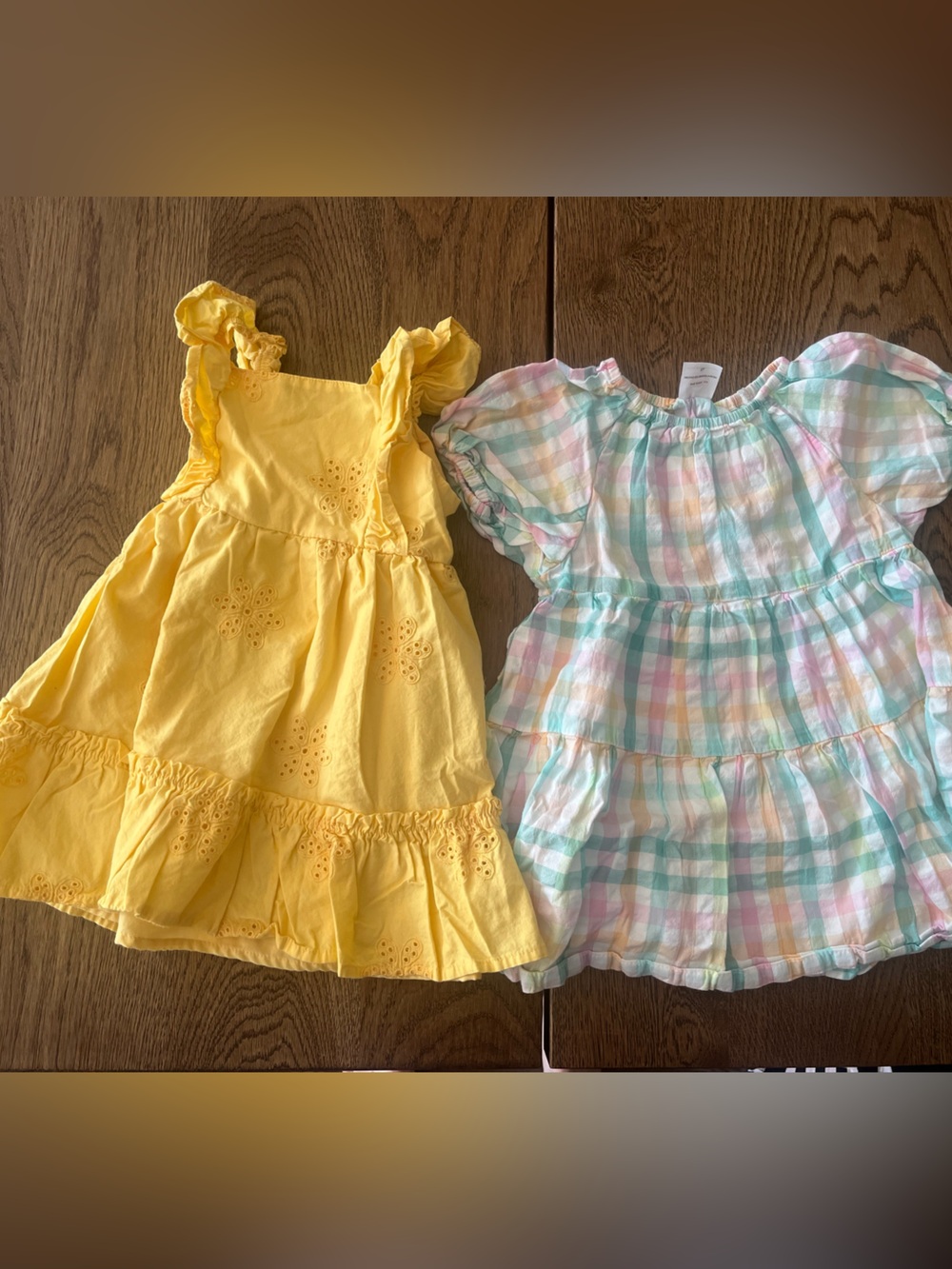 Bundle of Wonder Nation Dresses - Yellow Eyelet Ruffle & Pastel Plaid Plaid